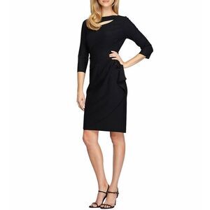 New! ALEX EVENINGS Women's Draped-Side Beaded Black Dress 3/4 Sleeve Size 2